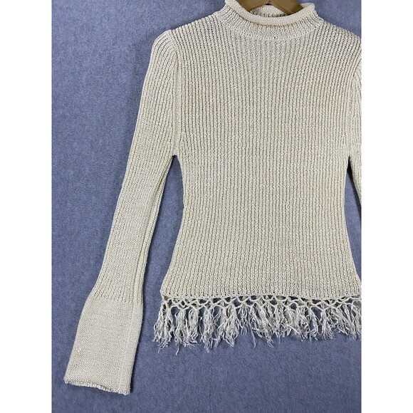 Marco G Sweater Womens Large Beige Fringe Macrame Mock Turtleneck Pullover Boho - Picture 2 of 16
